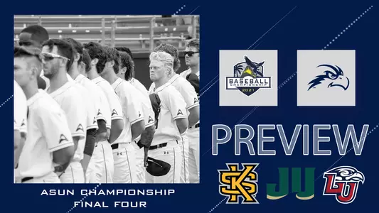 ASUN Championship Final Four Preview Graphic with a team picture and logos of each team playing.