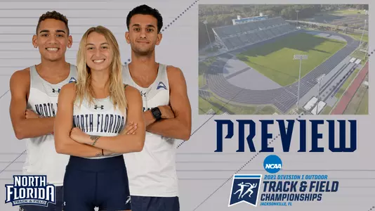NCAA East Track Preview featuring aerial shot of Hodges Stadium and posed shots of Tim Doyle, Lydia van Dijk and Nathan Jubran