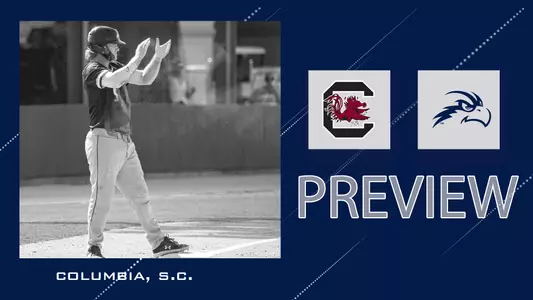 Baseball preview graphic against South Carolina with a picture of Cade Westbrook next to a blue background and logos.