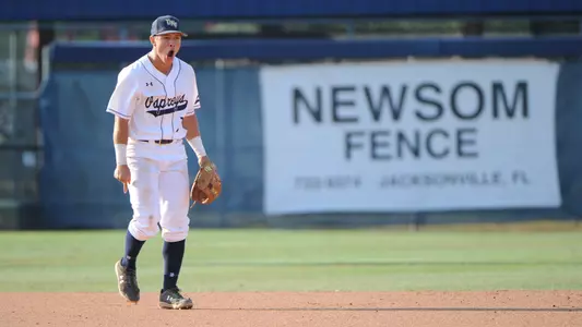 Aidan Sweatt celebrates after an out.