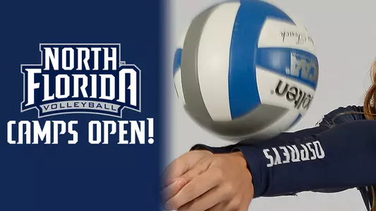 VB camps image with a picture of the volleyball next to text and the VB logo