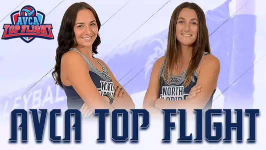 AVCA Top Flight honorees Dana Roskic and Antonia Harrison with pictures of them over a white background with blue text