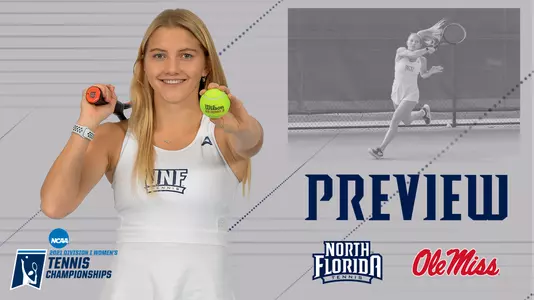 women's tennis preview graphic featuring action and posed shots of Annabelle Davis and North Florida and Ole Miss logos
