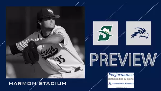 Baseball vs. Stetson preview graphic with an action shot and logos