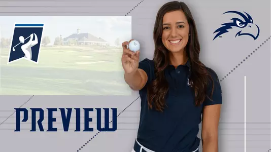 Preview for women's golf NCAA Regional tournament featuring a head shot of MIndy Herrick and background image of hole at University of Louisville Golf Course