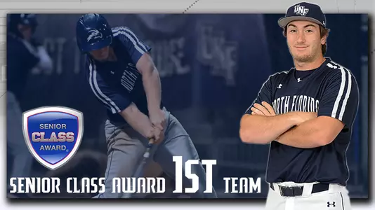 kachler senior class award first team graphic with a posed shot of alex kachler and an action shot in a blue rectangle