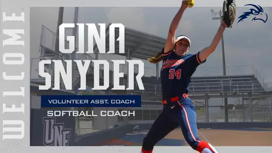 Gina snyder hiring graphic with text about her name and title next to a picture of her pitching over a background of the softball complex
