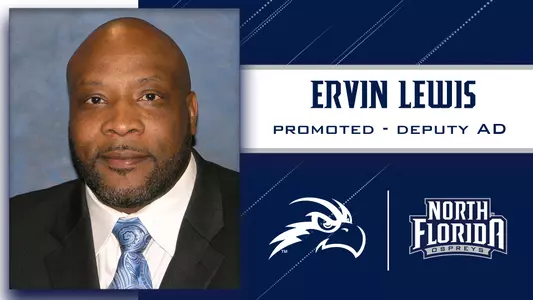 ervin lewis promotion to deputy AD graphic with a headshot of him over a blue background