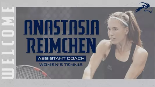 Anastasia Reimchen graphic for her hiring with an action shot of her with text over a gray background