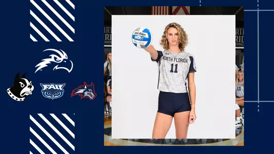 VB preview graphic for the FAU Tournament with a picture of Bre Walp next to logos over a blue background
