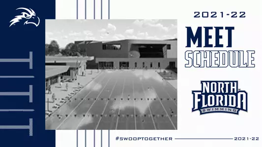 The 2021-22 Swim Meet Schedule with a black and white image of the UNF Aquatic Center