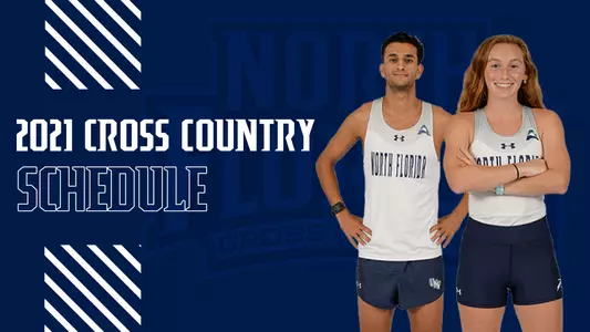Nathan Jubran and Camryn Cooney in front of cross country schedule graphic with logo in background