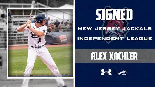 Alex Kachler signed New Jersey Jackals graphic with an action shot of him hitting next to text and a logo for the Jackals