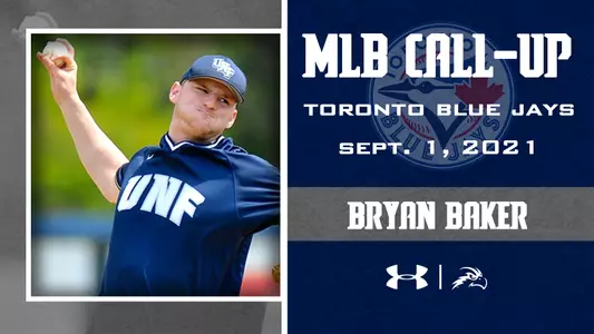bryan baker mlb call-up graphic with an action shot of him throwing next to text explaining his call-up