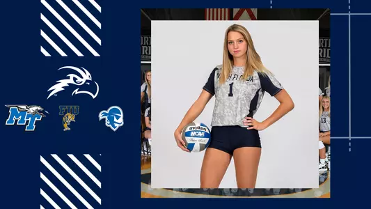 volleyball sunshine tournament preview graphic with four logos and Logan O'Brien posed shot