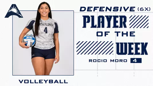 Rocio Moro Defensive Player of the Week x6 graphic with a posed shot of her and text over a gray background