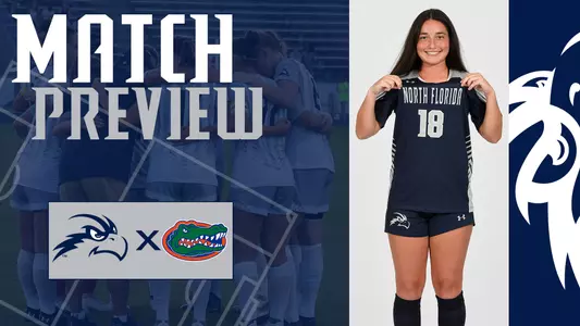 Women's soccer preview graphic for game at Florida featuring head shot of Kayla Bond and a background image of team huddle