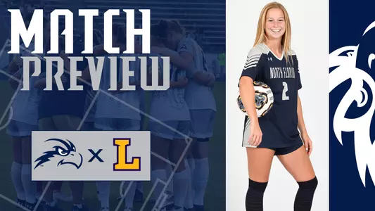 Women's soccer preview graphic for game vs Lipscomb featuring head shot of Haynes Grant and a background image of team huddle