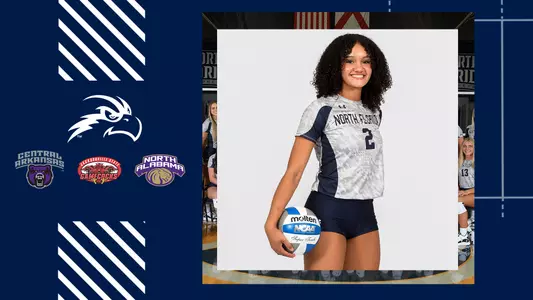 VB preview graphic UNF at JAx ASUN Crossover with a picture of Kailey McKnight over a blue background with logos to the left.