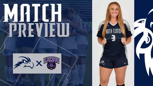 Women's soccer preview graphic for game vs Central Arkansas featuring head shot of Sydney Hauth and a background image of team huddle