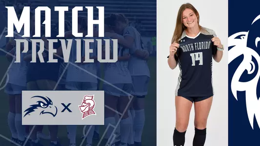 Women's soccer preview graphic for game at Bellarmine featuring head shot of Lauren Weiss and a background image of team huddle