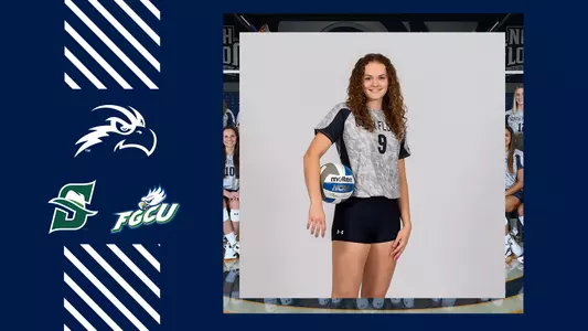 vb preview graphic for the stetson and fgcu matches with logos of UNF, Stetson and FGCU