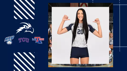 UNF volleyball preview at TCU with logos of Houston Baptist, TCU and Louisiana Tech