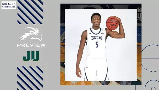 UNF men's basketball preview graphic with a picture of Dorian James