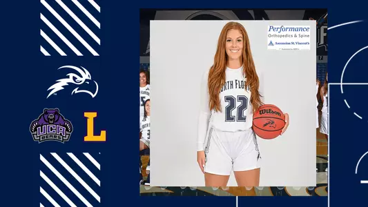UNF Women's basketball preview graphic against UCA and Lipscomb with a picture of Ally Knights and logos of UCA and Lipscomb