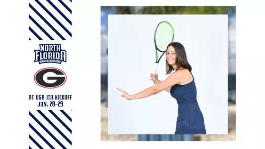 unf women's tennis preview graphic at UGA ITA Kick-Off with Isabel hitting a forehand next to a gray background