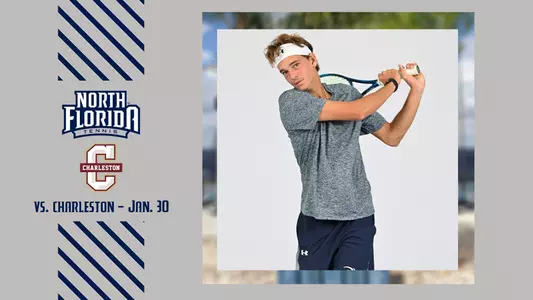 men's tennis preview graphic with PJ backhand in a box next to gray background