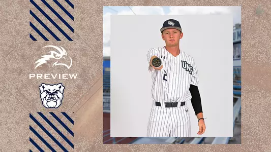 UNF Baseball graphic with Ian Brown pointing his bat next to Butler logo.
