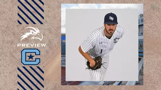 UNF Baseball graphic with Ryan Jean getting ready to pitch next to Citadel logo.