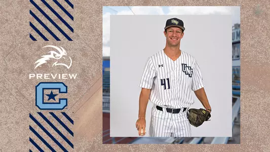 UNF Baseball graphic with Matthew Tadlock holding a ball and glove next to Citadel logo.