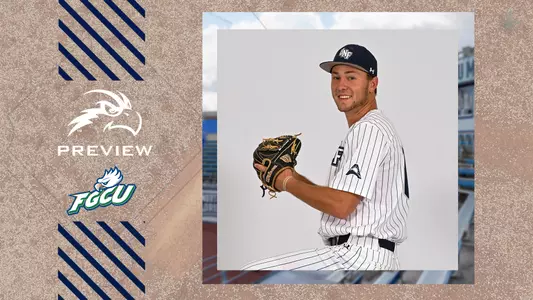 UNF Baseball graphic with Stephen Halstead getting ready to pitch next to FGCU logo.