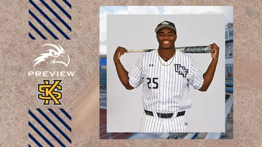 UNF Baseball graphic with Trey Spratling-Williams holding a bat next to Kennesaw State logo.