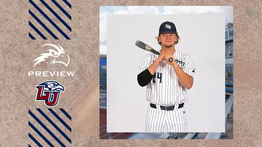 UNF Baseball graphic with Dallen Leach holding a bat next to Liberty logo.