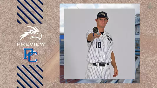 UNF Baseball graphic with Brock Edge pointing his bat next to Presbyterian logo.