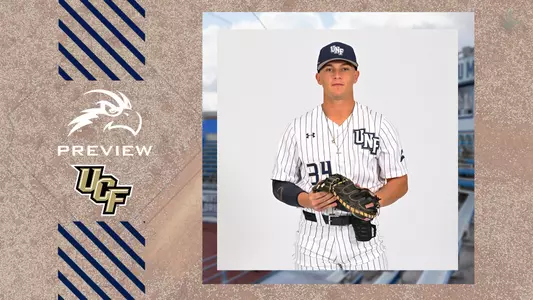UNF Baseball graphic with Travis Stapleton holding a glove next to UCF logo.