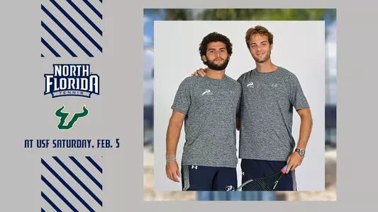unf men's tennis preview at usf with a picture of nilo duarte and rodrigo crespo with a gray background and logos