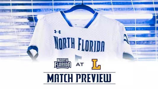 North Florida women's soccer preview at Lipscomb with logos and a jersey hanging up