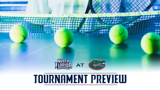 Men's tennis preview graphic at UF with tourney preview and gators logo over the picture
