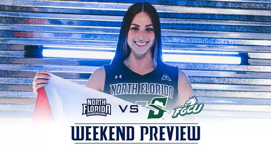 VB preview graphic with a logo of stetson and fgcu over a picture of Solimar Cestero