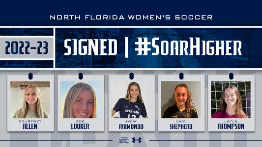 Women's Soccer Signed Graphic 2022 with five headshots of the women's soccer signees for 2022 and text with their names