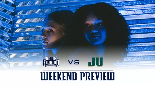 Volleyball weekend preview graphic with kailey mcknight and jessica buis and two logos