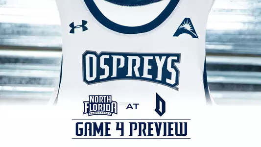 Men's basketball preview against Duquesne with logos over a white UNF jersey
