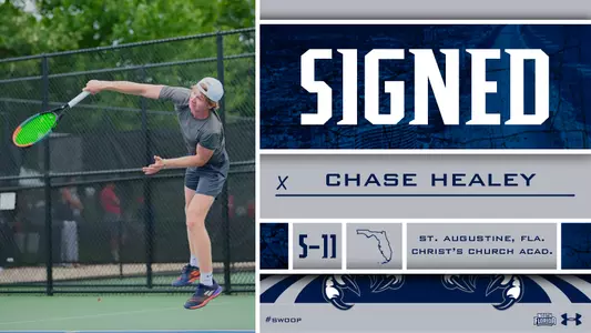 Chase Healey signed graphic with a picture of him hitting an overhead serve with north florida in the background