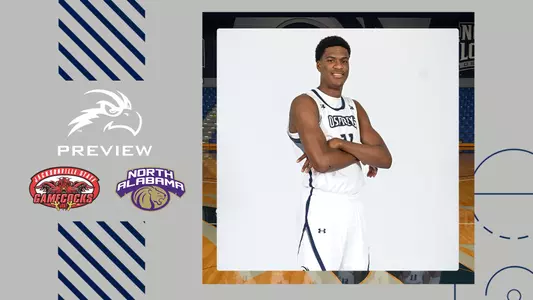 unf men's basketball preview graphic with una and jsu logos next to a pic of Jonathan Aybar