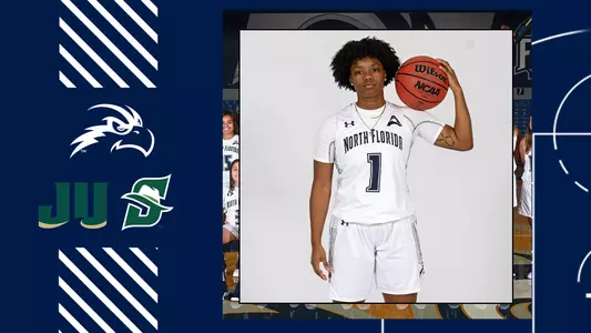 Preview graphic with NubiaPreview graphic with Nubia Benedith holding a basketball next to logos of JU and Stetson Benedith holding a basketball next to logos of JU and Stetson