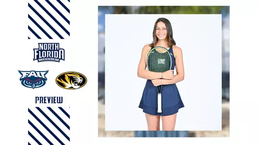 women's tennis preview graphic with fau and missouri logos